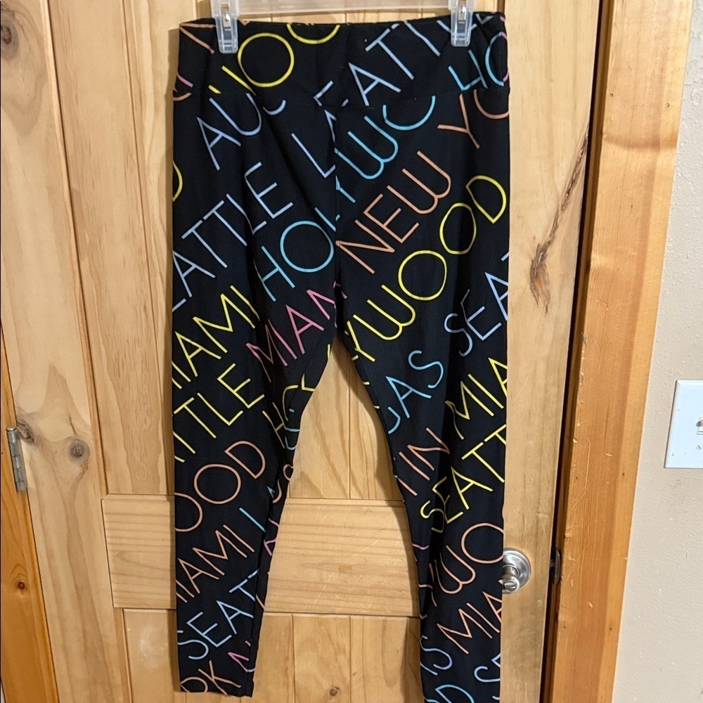 LuLaRoe Black Leggings with Multicolor Lettering